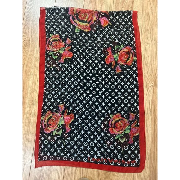 Louis Vuitton Rose Graffiti Scarf Monogram Red Black Spellout All Over Pattern - Picture 2 of 4
